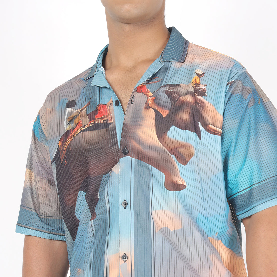 Men Elephant Print Shirt with Cuban Collar