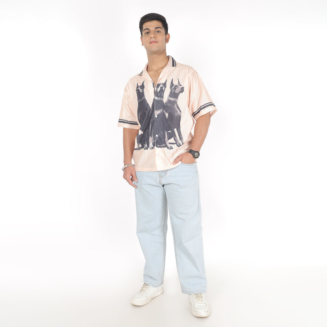 Men Dog Print Shirt with Cuban Collar