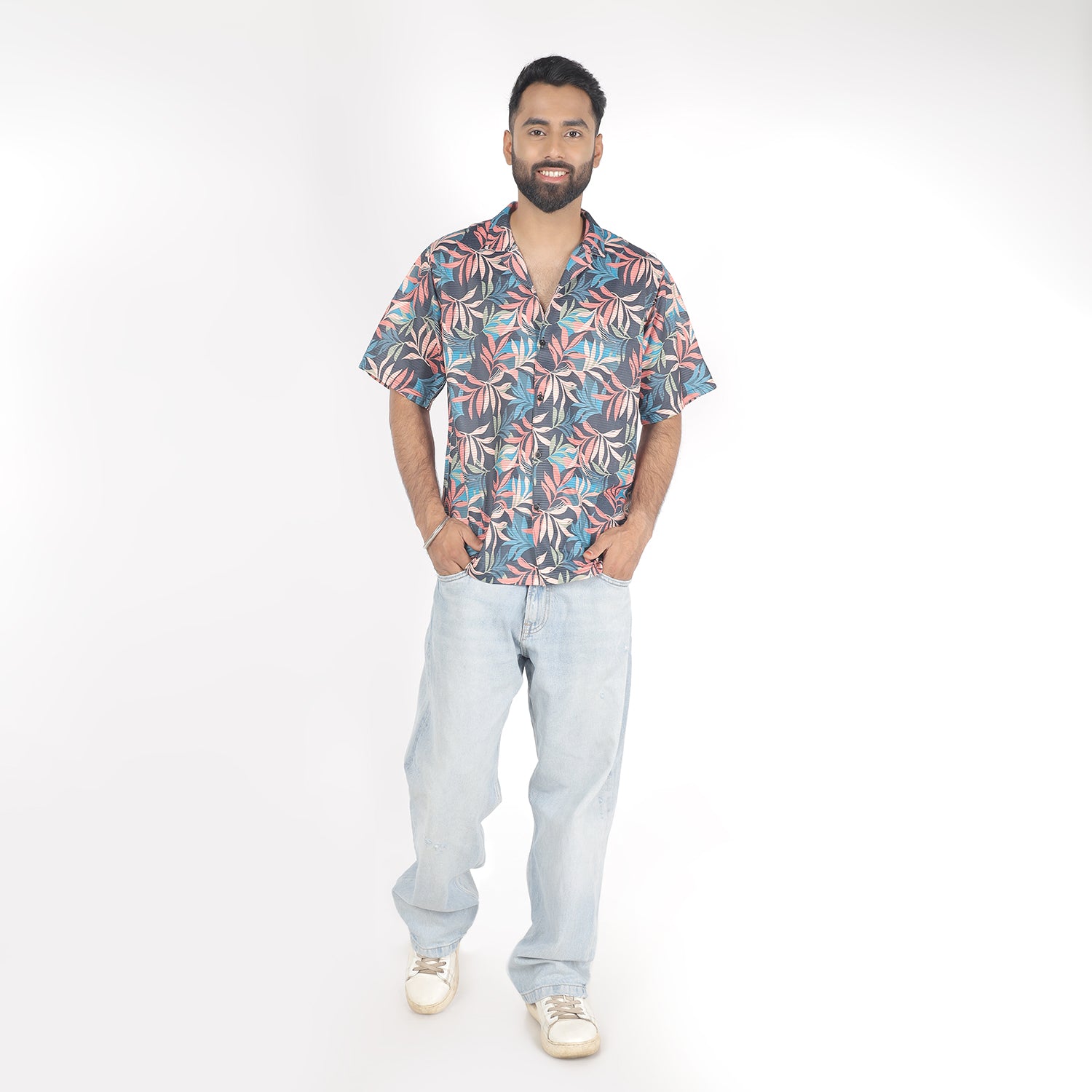 Men Flower Print Shirt with Cuban Collar