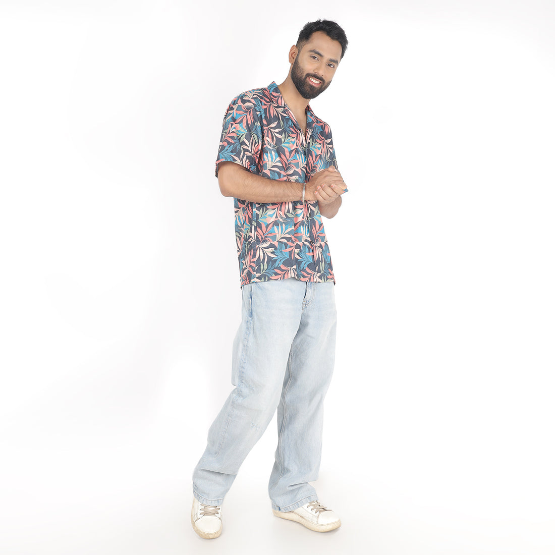 Men Flower Print Shirt with Cuban Collar