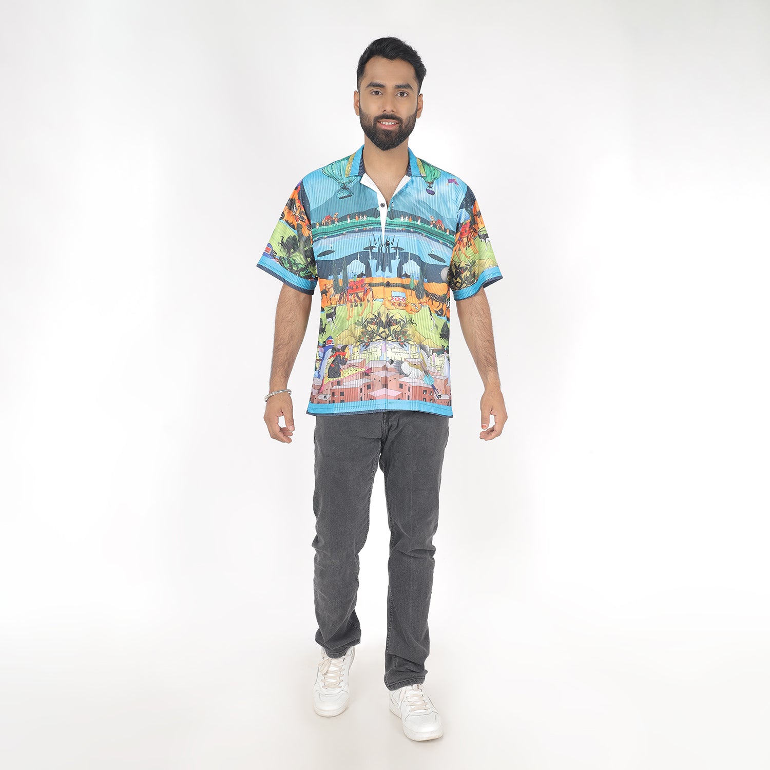 Men Nature Print Shirt with Cuban Collar