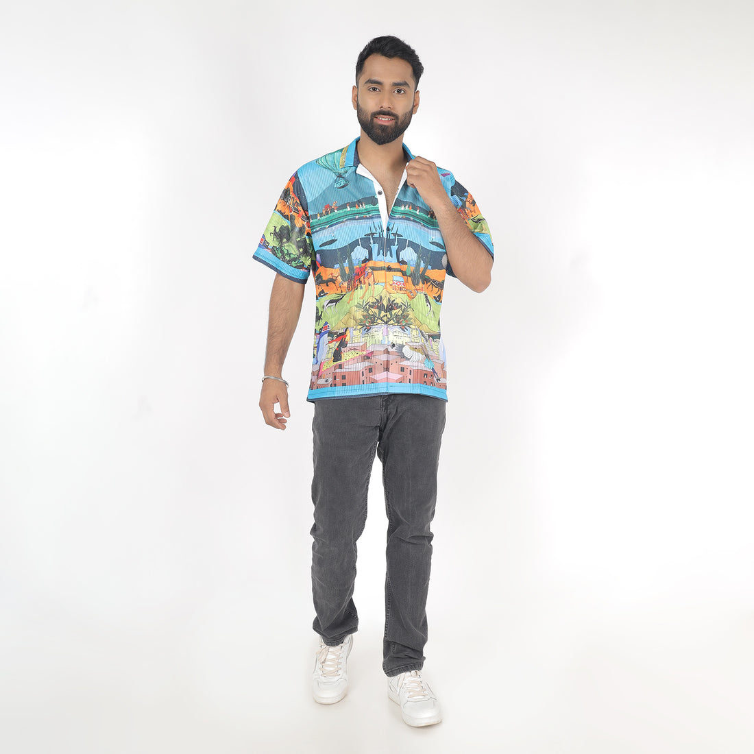 Men Nature Print Shirt with Cuban Collar