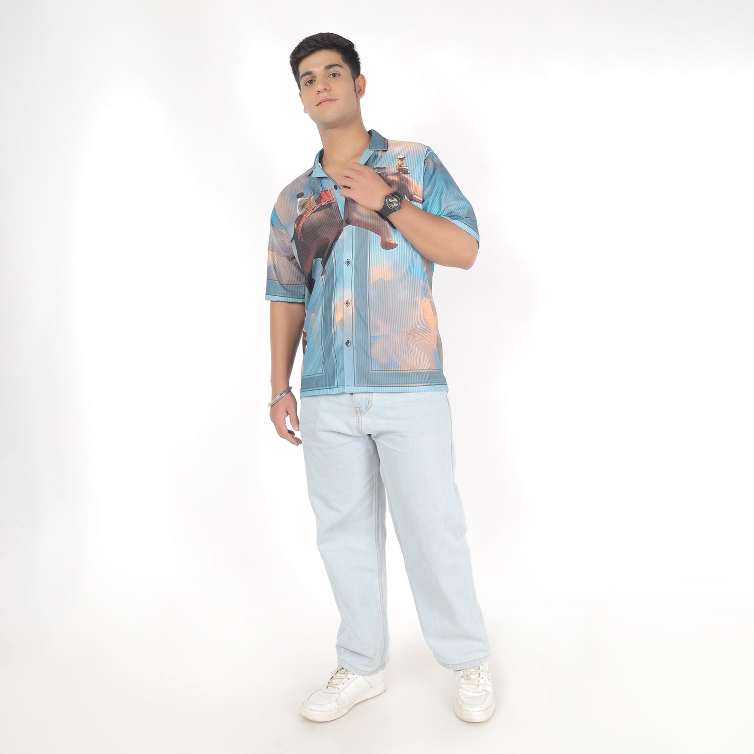 Men Elephant Print Shirt with Cuban Collar