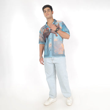 Men Elephant Print Shirt with Cuban Collar