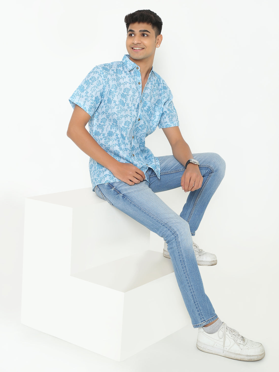 Platon Flower Sky Blue Printed Casuals Shirt