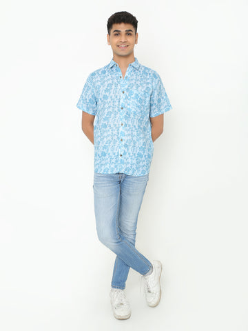 Platon Flower Sky Blue Printed Casuals Shirt