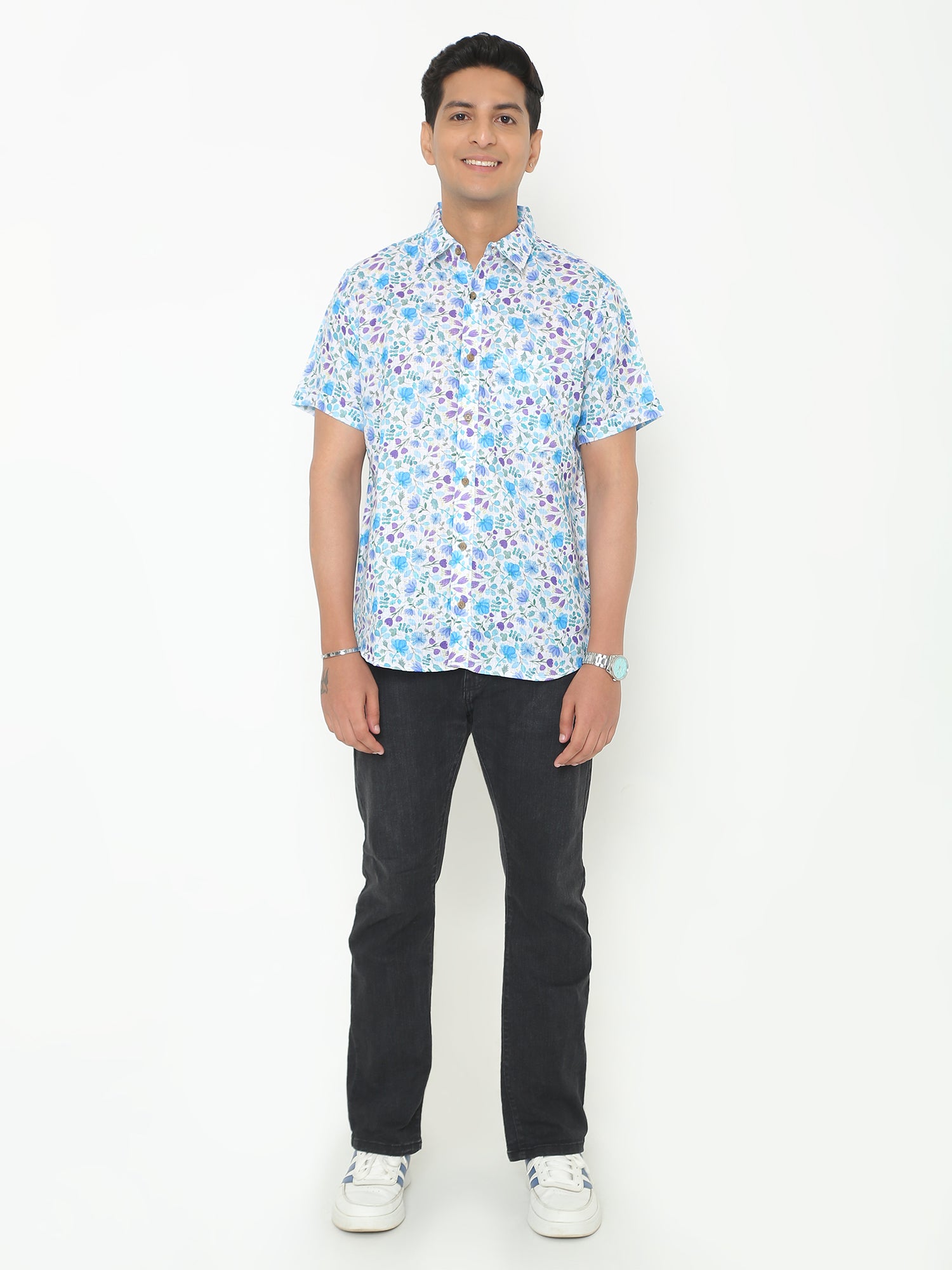 Platon Flower White Printed Casuals Shirt