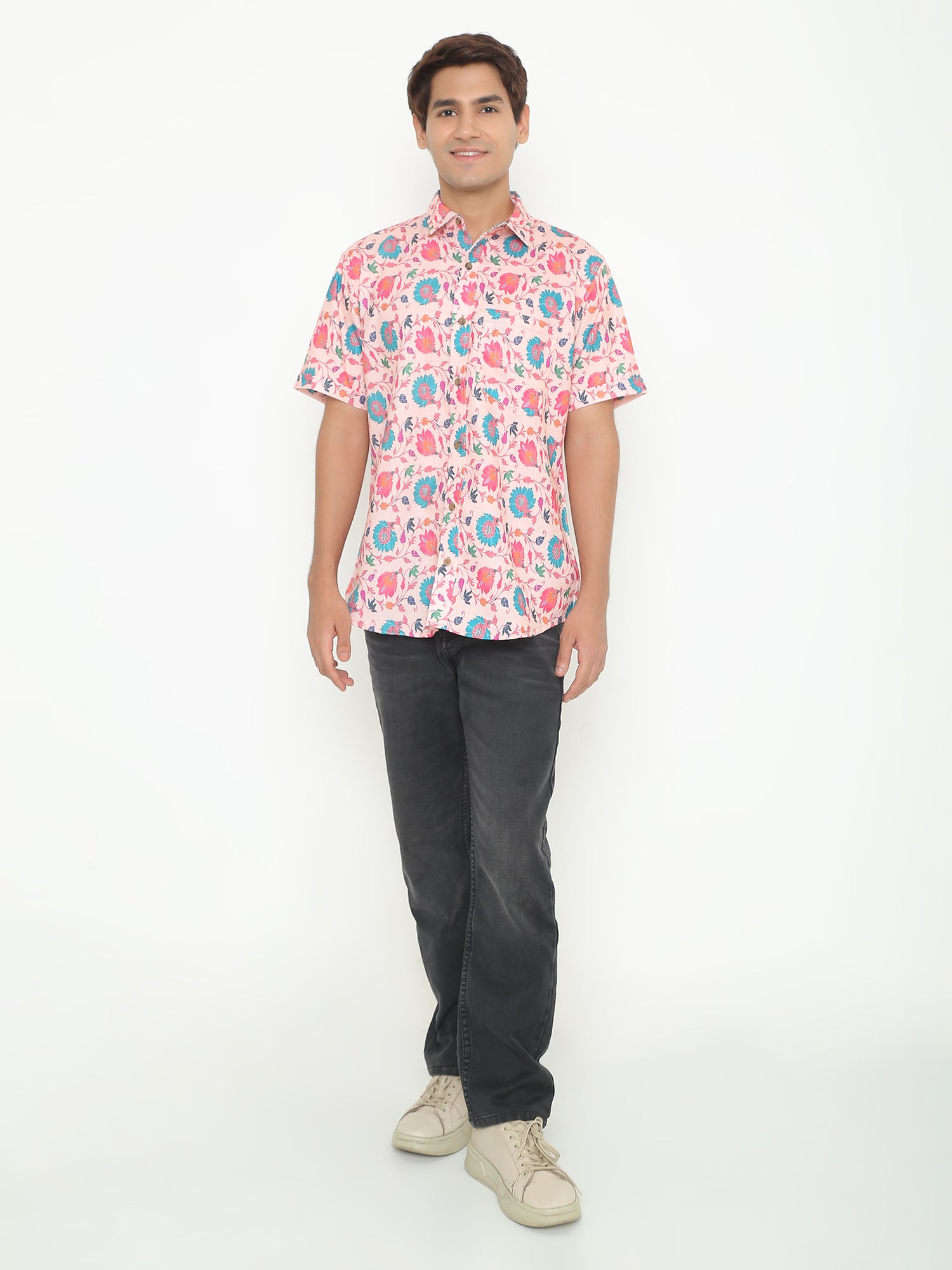 Platon Pink Floral Printed Casuals Shirt