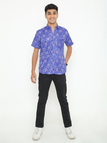 Platon Blue Floral Printed Casuals Shirt