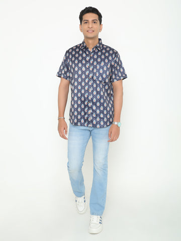 Navy Blue Flower Printed Casuals Shirt