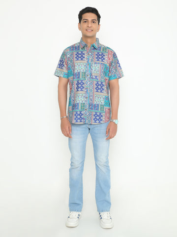 Teal & Blue Printed Printed Casuals Shirt