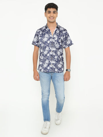 White with Blue Abstract Printed Casuals Shirt
