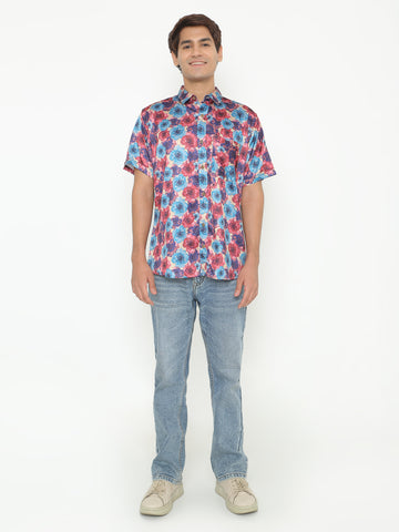 Pink with Blue Abstract Printed Casuals Shirt